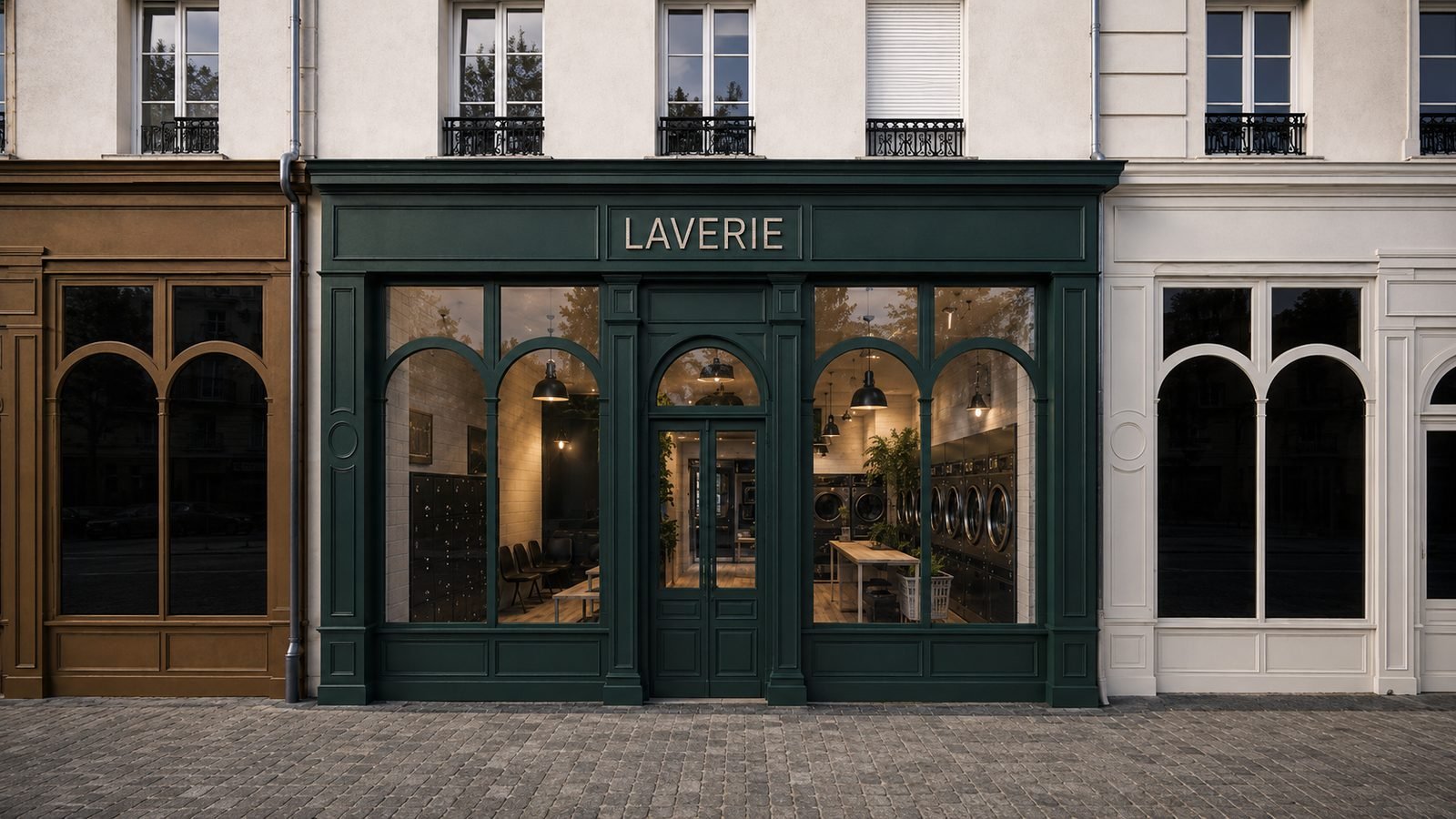 Devanture de la laverie de nuit