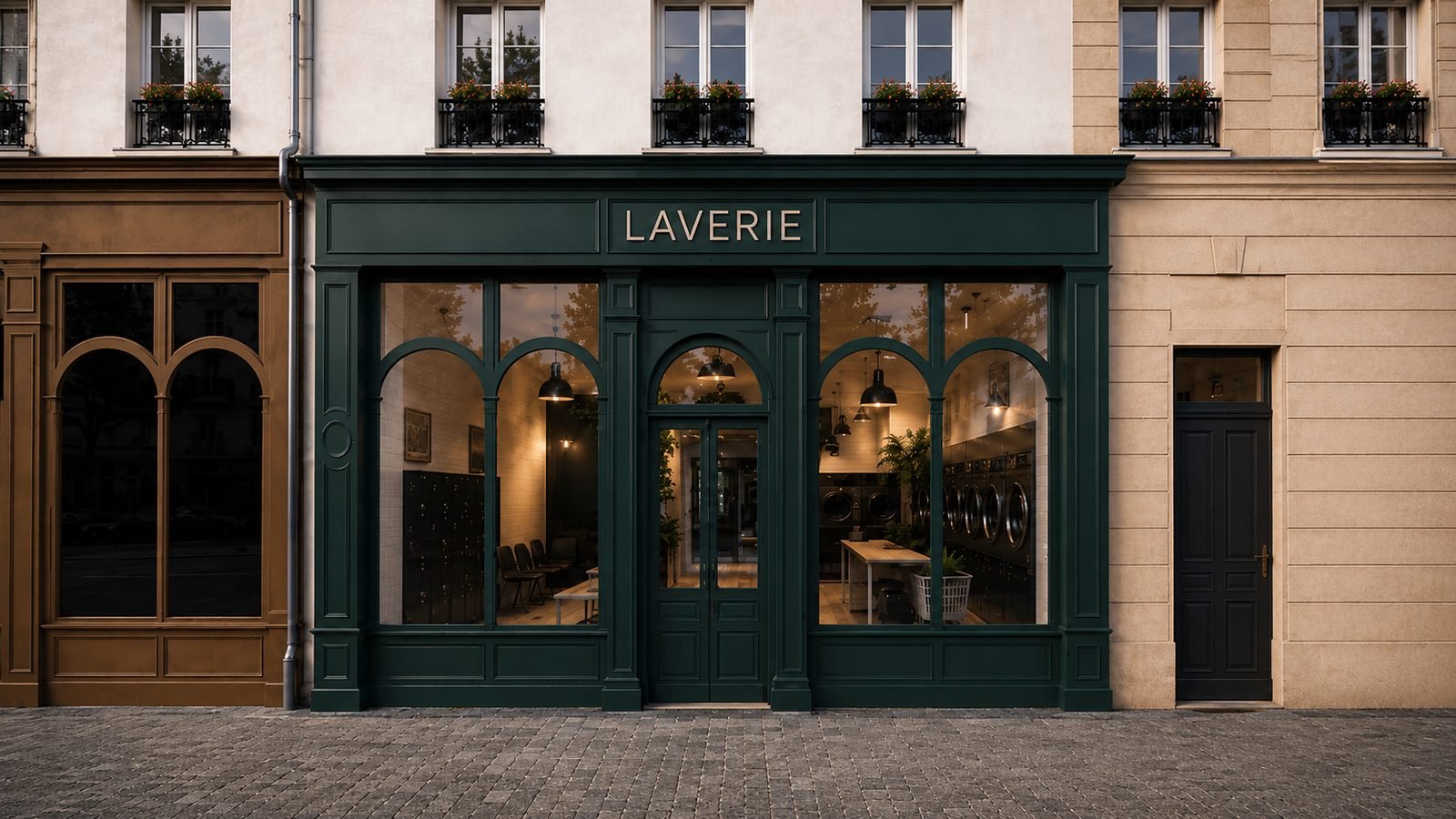 Devanture de la laverie au crépuscule