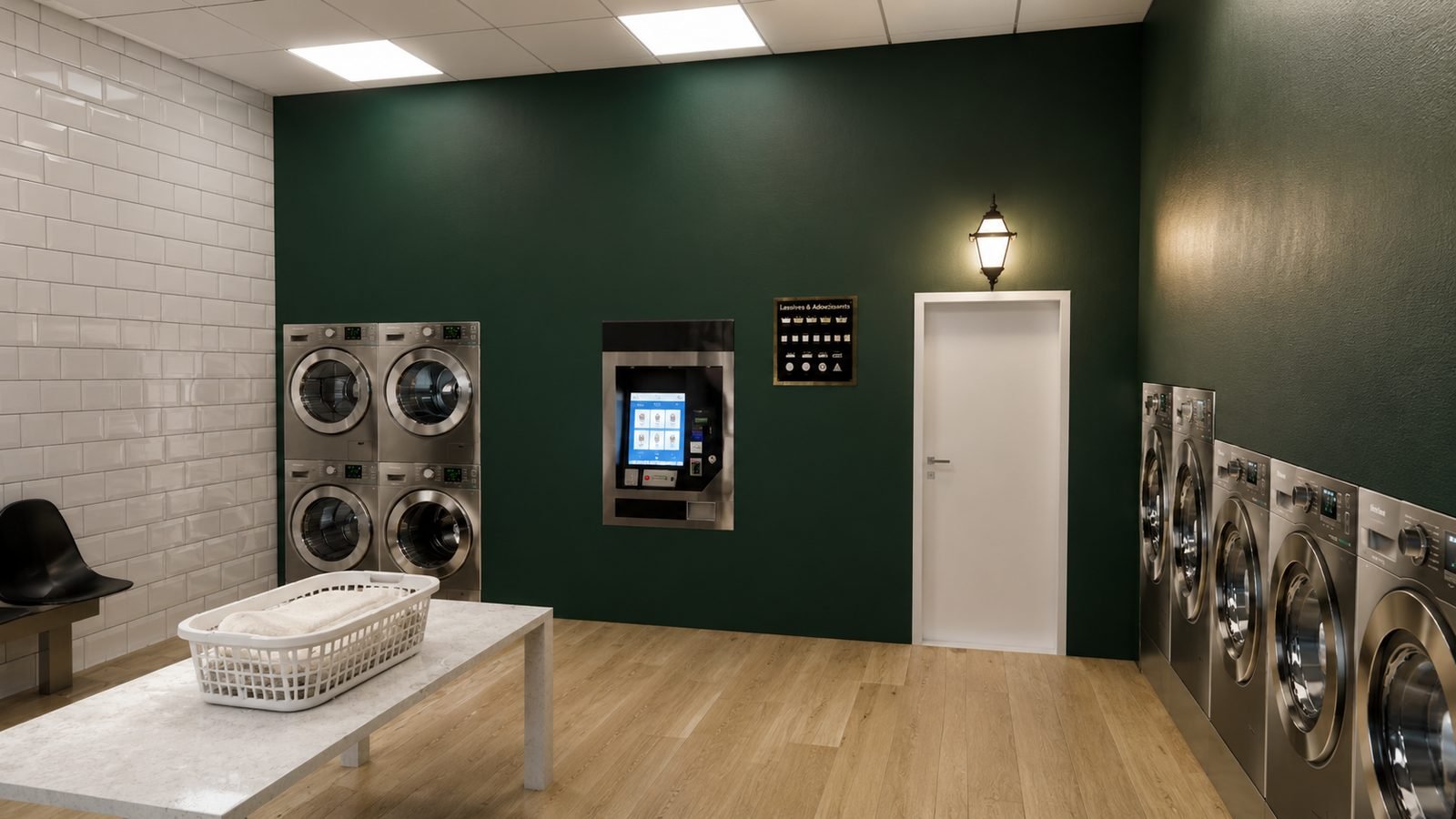 Intérieur — mur vert et borne